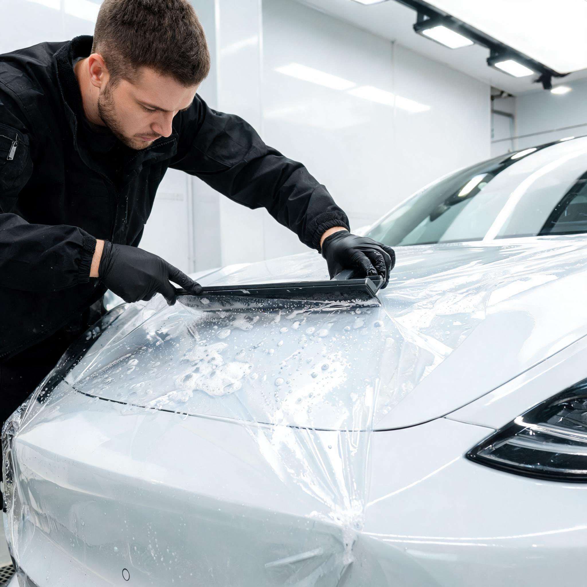 Нанесение защитной плёнки на капот автомобиля